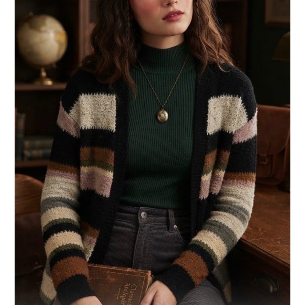 BKE Open Front Fuzzy Striped Cardigan Sweater Fall Colors Small